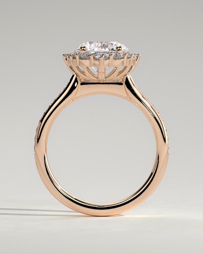 Jessica - Round Claw Solitaire with Graduating Halo and Bead Set Micropave and Tapered Band Engagement Ring - Rose Gold