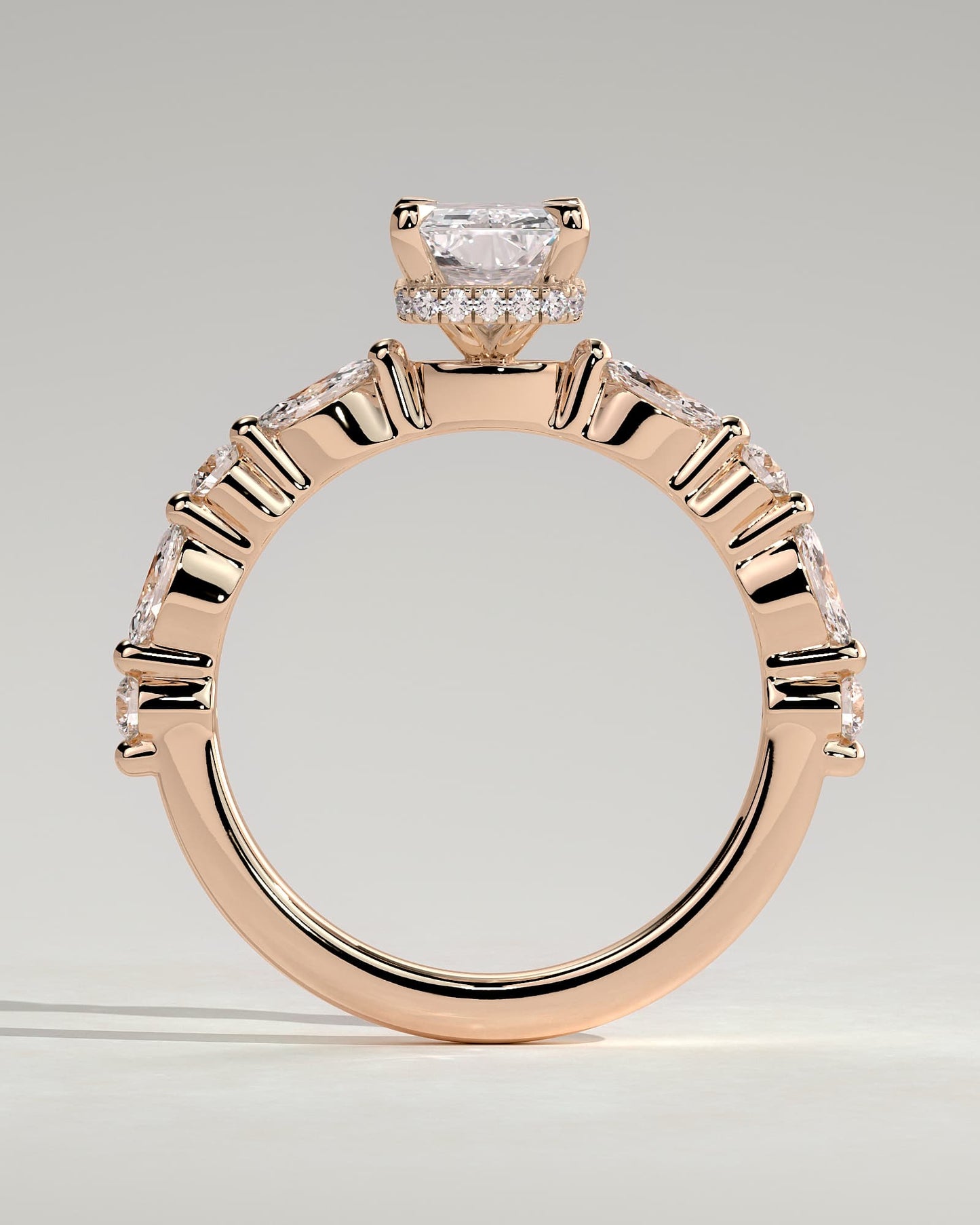 Kyla - Radiant Claw Solitaire with Marquise-Round Accent Stones and Wrap Around Hidden Halo Engagement Ring - Rose Gold