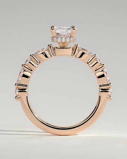 Kyla - Radiant Claw Solitaire with Marquise-Round Accent Stones and Wrap Around Hidden Halo Engagement Ring - Rose Gold