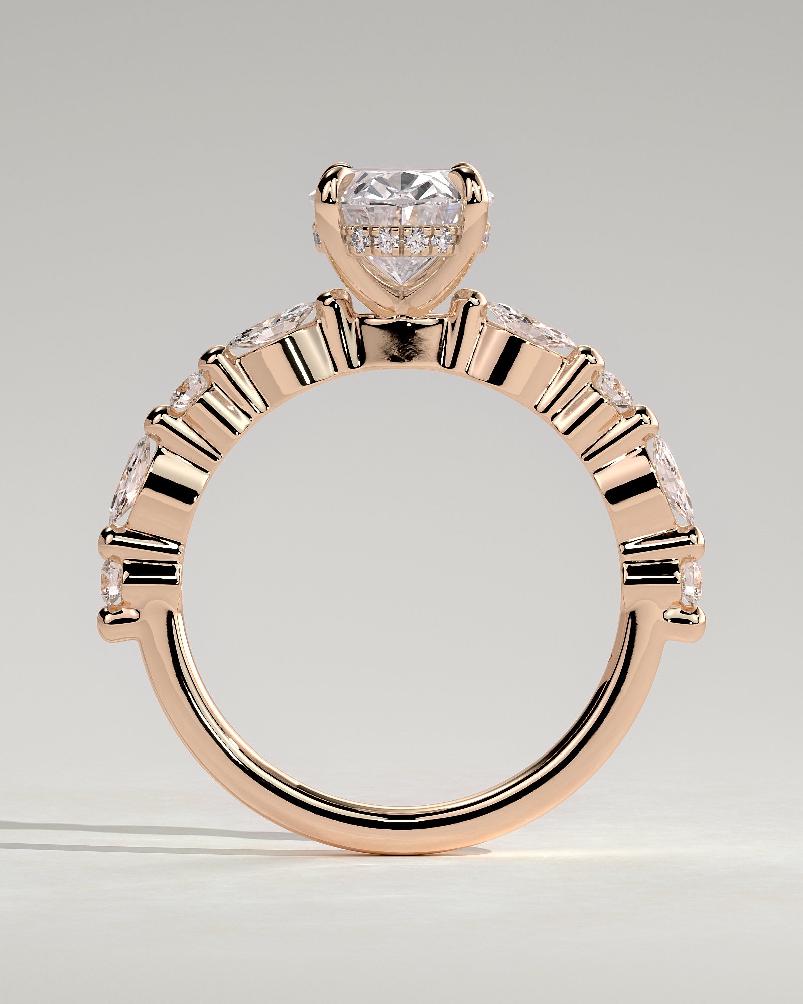 Brandi - Oval Claw Solitaire with Marquise-Round Accent Stones and Hidden Halo Engagement Ring - Rose Gold - Rose Gold 2ct