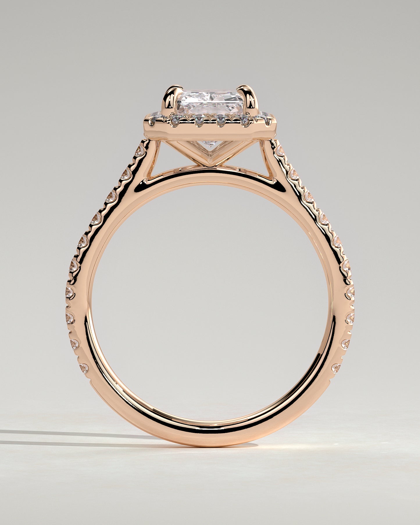 Clementine - Radiant Claw Solitaire with Halo and Pave Band and Cathedral High Setting Engagement Ring - Rose Gold - Rose Gold 2ct