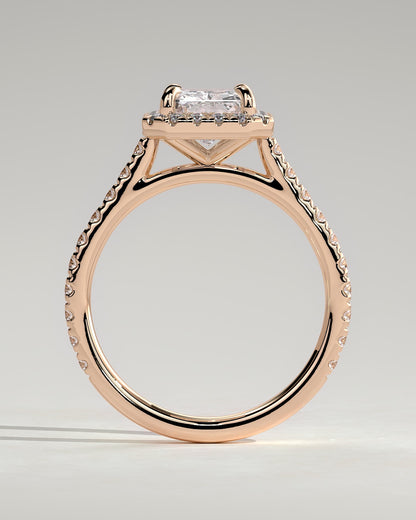 Clementine - Radiant Claw Solitaire with Halo and Pave Band and Cathedral High Setting Engagement Ring - Rose Gold