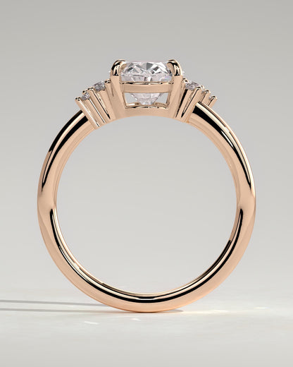 Esther - Oval Claw Solitaire with Clustered Round Opposing Shoulder Stones Engagement Ring - Rose Gold