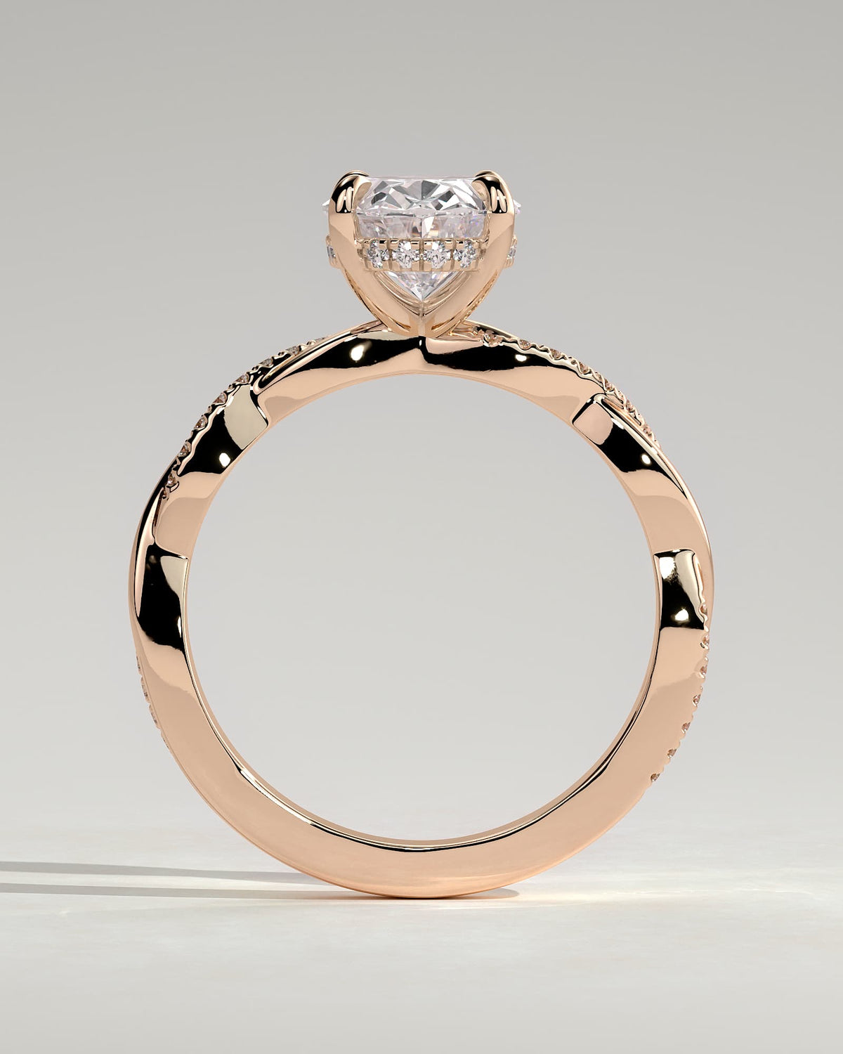 Lara - Oval Claw Solitaire with Hidden Halo and Twisted Alternating Pave Band Engagement Ring - Rose Gold