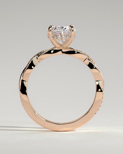 Lara - Oval Claw Solitaire with Hidden Halo and Twisted Alternating Pave Band Engagement Ring - Rose Gold