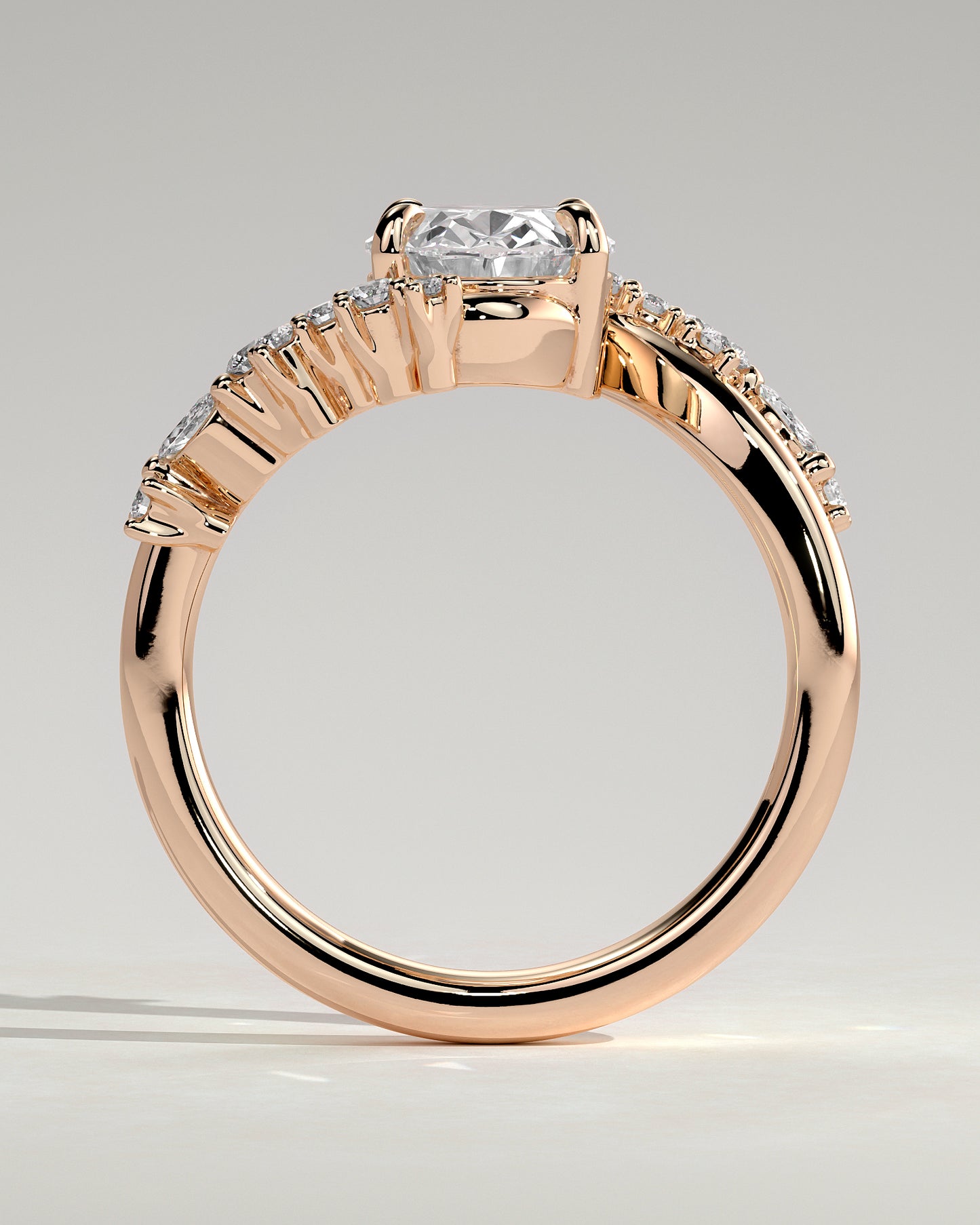 Ezmerelda - Oval Claw Solitaire with Bypass Band and Clustered Round-Marquise Accent Stones Engagement Ring - Rose Gold - Rose Gold 2ct