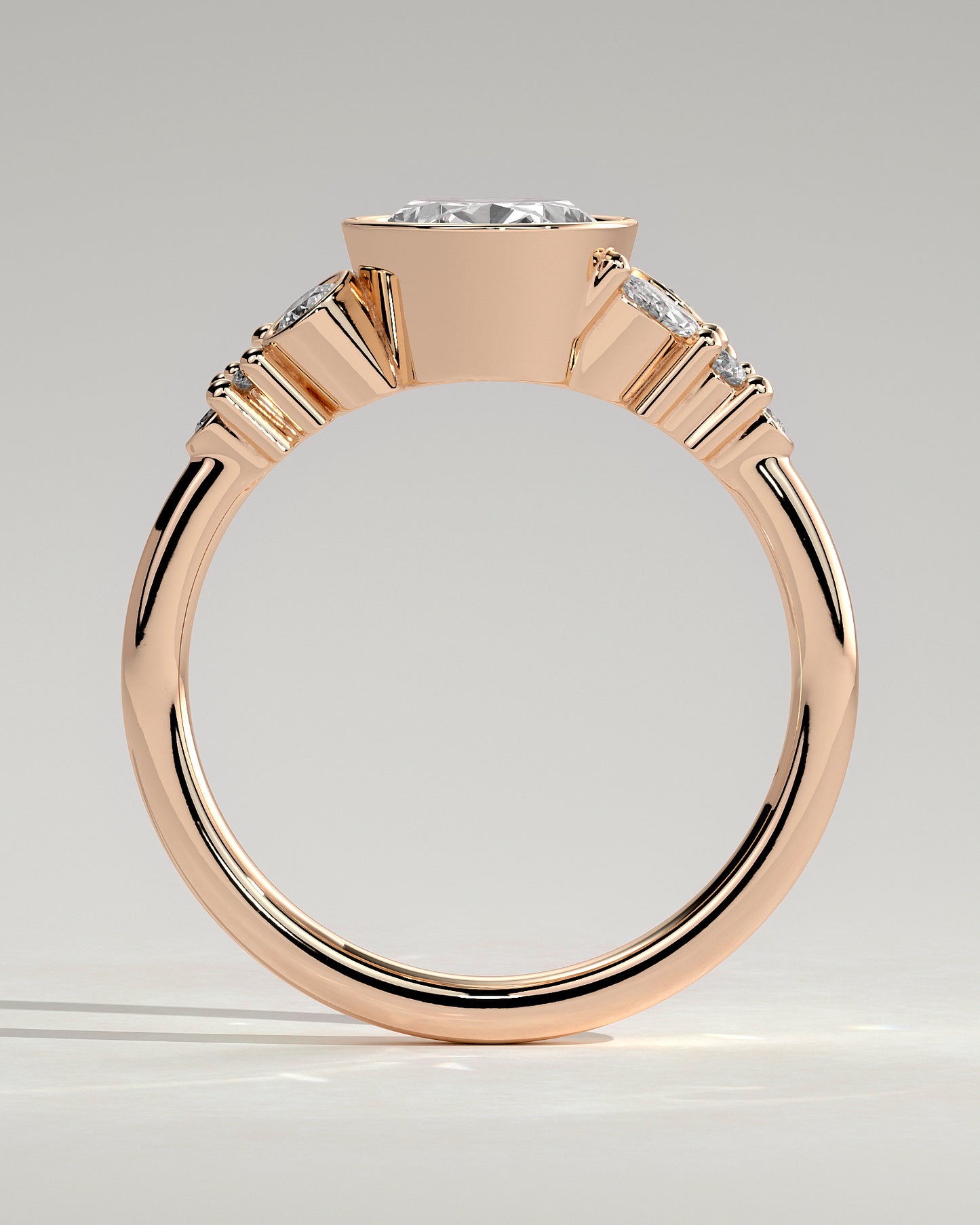 Isabella - Oval Bezel Solitaire with Clustered Round-Marquise Mixed Set Shoulder Stones Engagement Ring - Rose Gold - Rose Gold 2ct