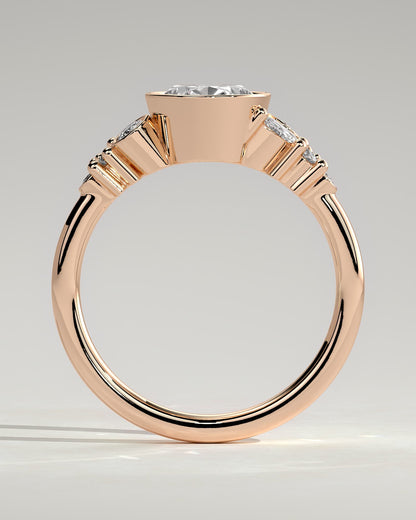 Isabella - Oval Bezel Solitaire with Clustered Round-Marquise Mixed Set Shoulder Stones Engagement Ring - Rose Gold