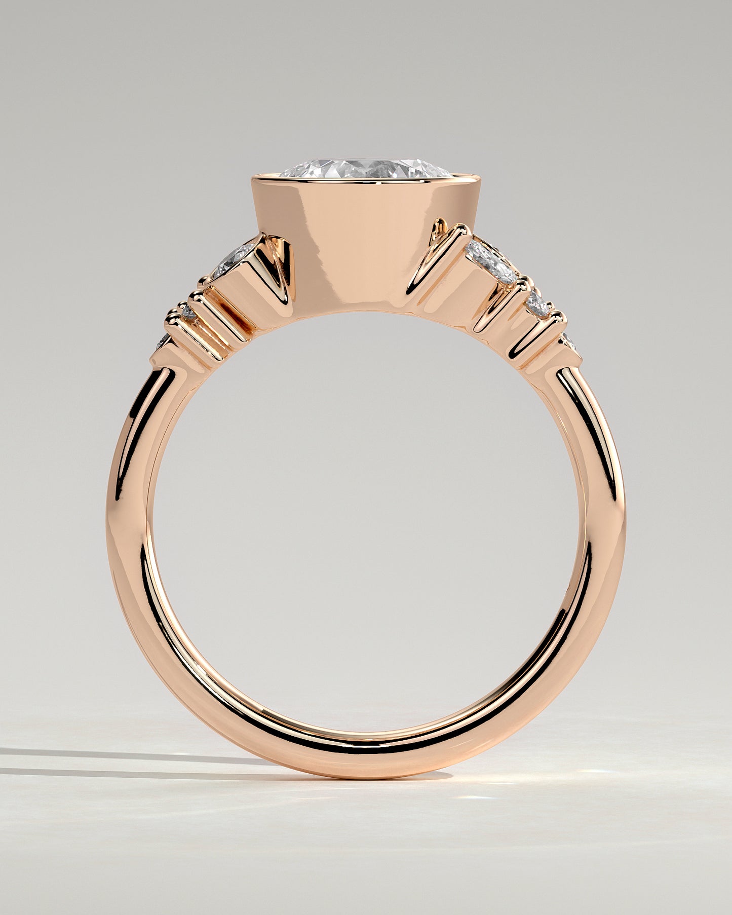 Alessia - Round Bezel Solitaire with Clustered Round-Marquise Mixed Set Shoulder Stones Engagement Ring - Rose Gold - Rose Gold 2ct