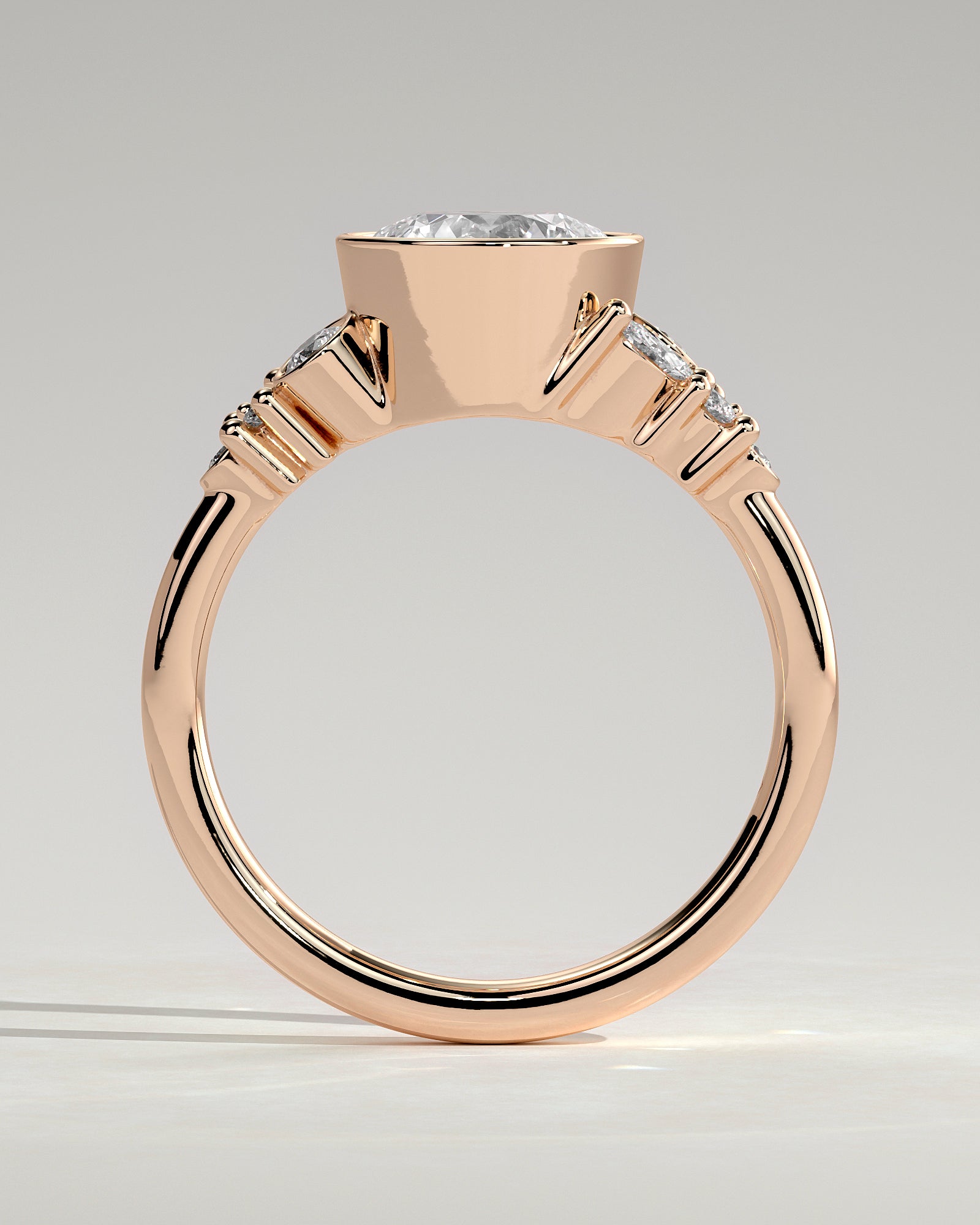 Alessia - Round Bezel Solitaire with Clustered Round-Marquise Mixed Set Shoulder Stones Engagement Ring - Rose Gold - Rose Gold 2ct