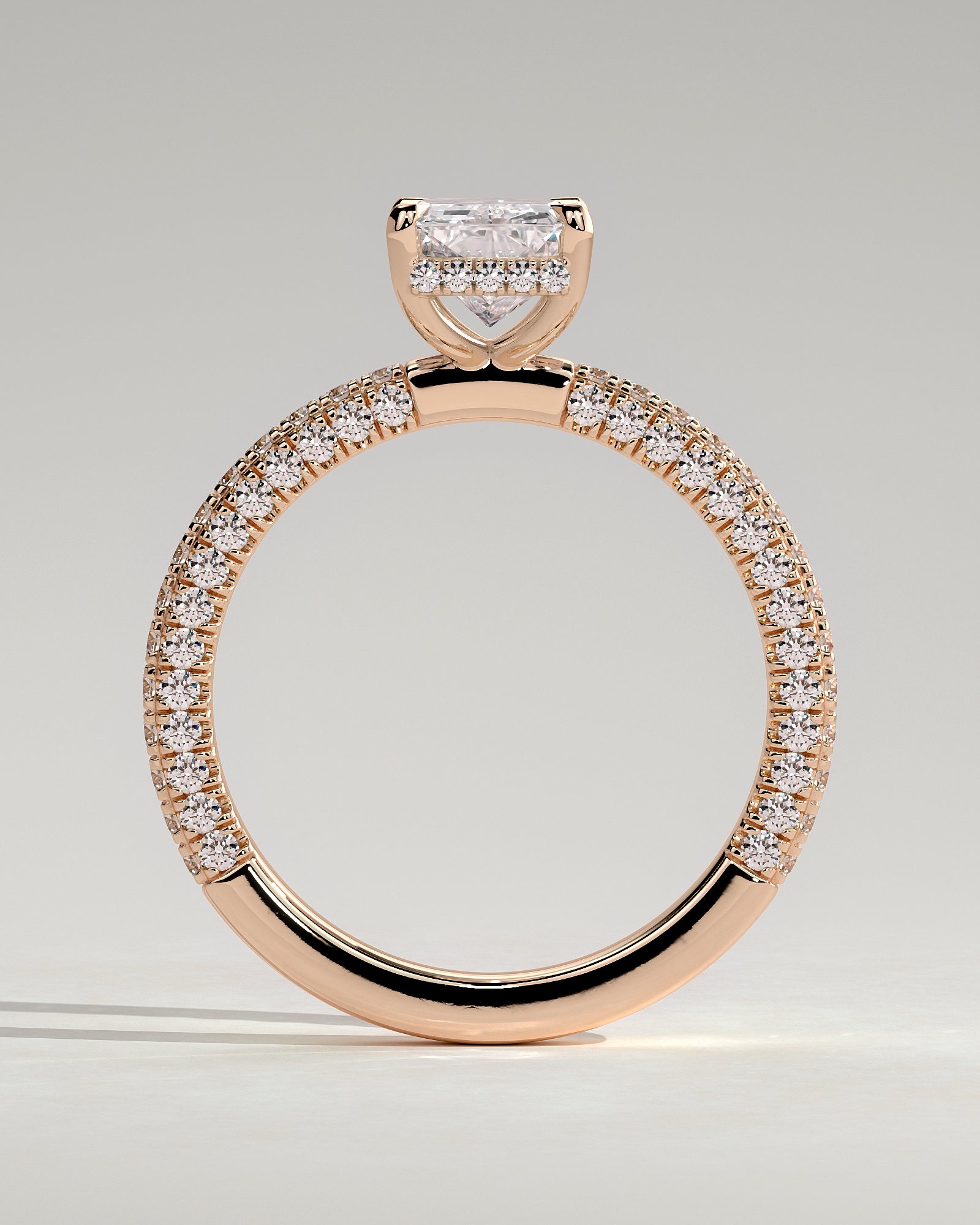 Irene - Radiant Claw Solitaire with Hidden Halo and Triple Pave Band Engagement Ring - Rose Gold - Rose Gold 2ct