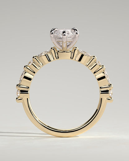 Beatrice - Marquise Claw Solitaire with Marquise and Round Accent Stones Engagement Ring - Yellow Two-Tone