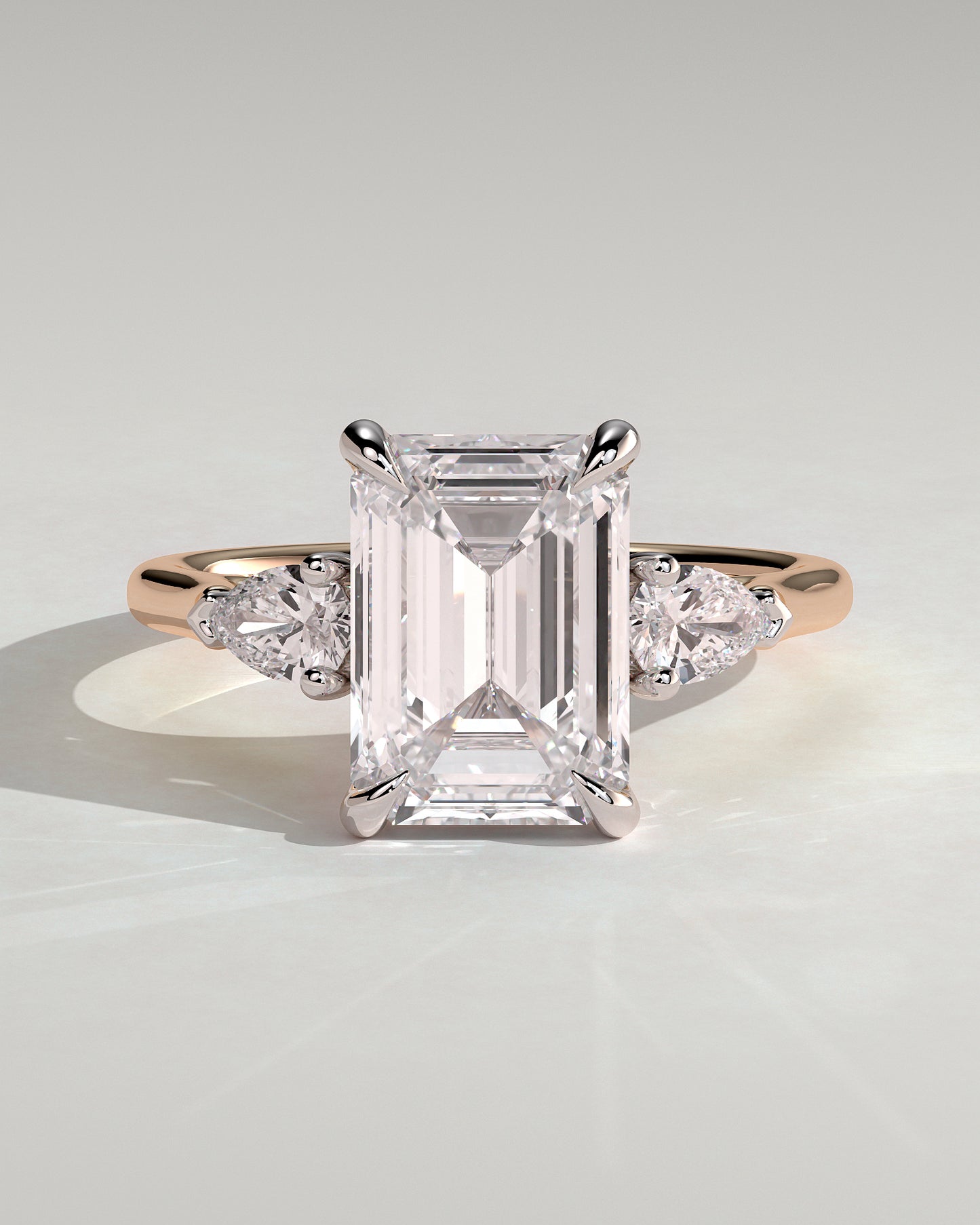 Davina - Emerald Claw Trilogy with Pear Side Stones and Cathedral Setting Engagement Ring - Rose Two-Tone