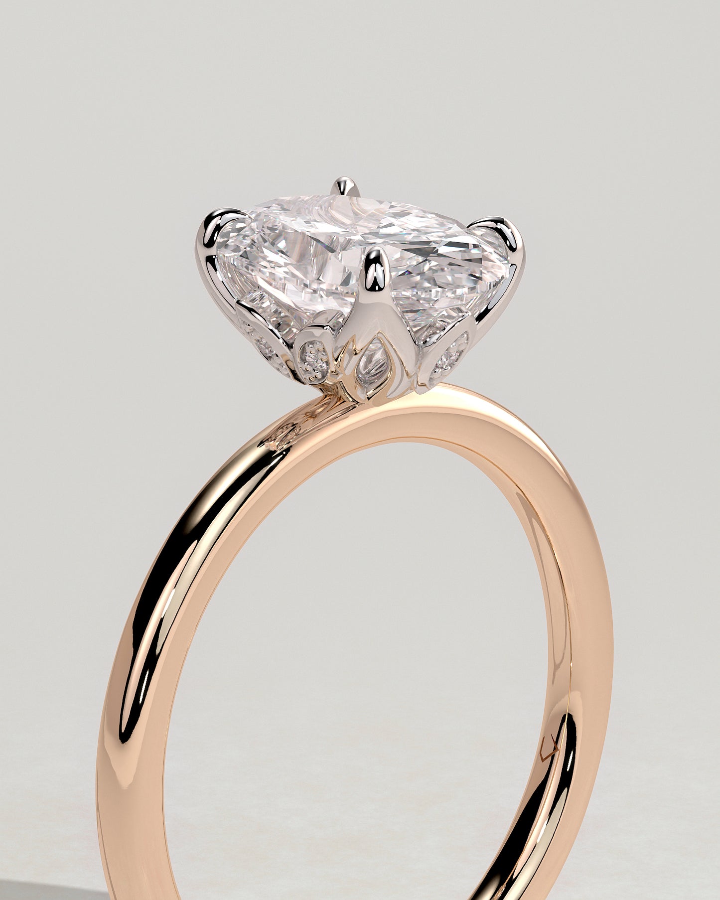 Aurelie - Oval Claw Solitaire with Petal Gallery and Accent Leaf Detail Engagement Ring - Rose Two-Tone - Rose Two-Tone 2ct