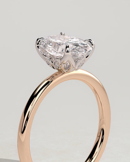 Aurelie - Oval Claw Solitaire with Petal Gallery and Accent Leaf Detail Engagement Ring - Rose Two-Tone