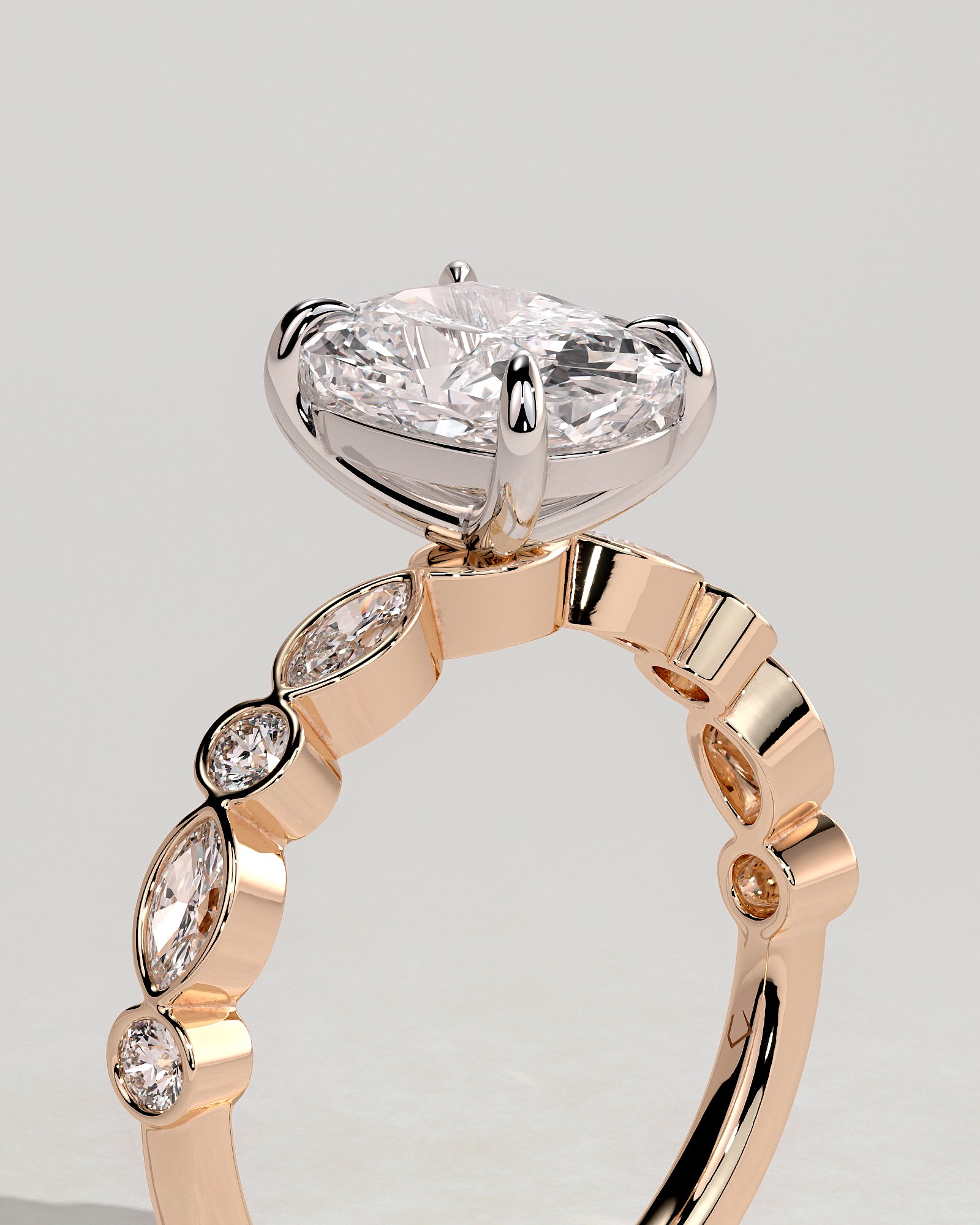 Carrie - Elongated Cushion Claw Solitaire with Round-Marquise Bezel Accent Stones Engagement Ring - Rose Two-Tone - Rose Two-Tone 2ct