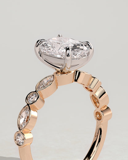 Carrie - Elongated Cushion Claw Solitaire with Round-Marquise Bezel Accent Stones Engagement Ring - Rose Two-Tone