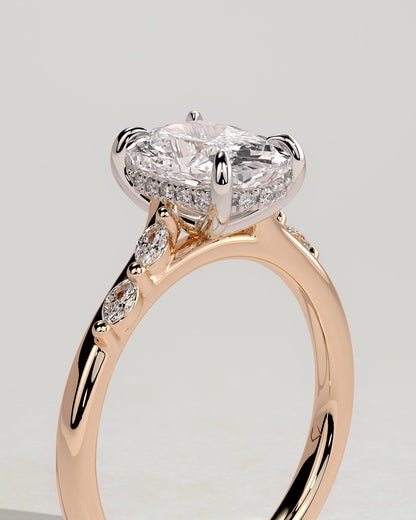 Elle - Elongated Cushion Claw Solitaire with Hidden Halo, Opposing Marquise Accents and Cathedral High Setting Engagement Ring - Rose Two-Tone