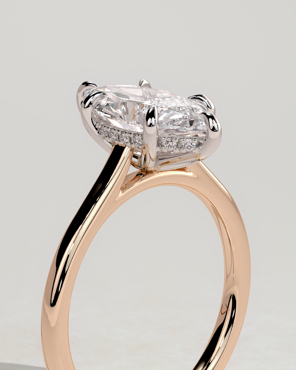 Jenna - Marquise Claw Solitaire with Hidden Halo and Cathedral High Setting Engagement Ring - Rose Two-Tone