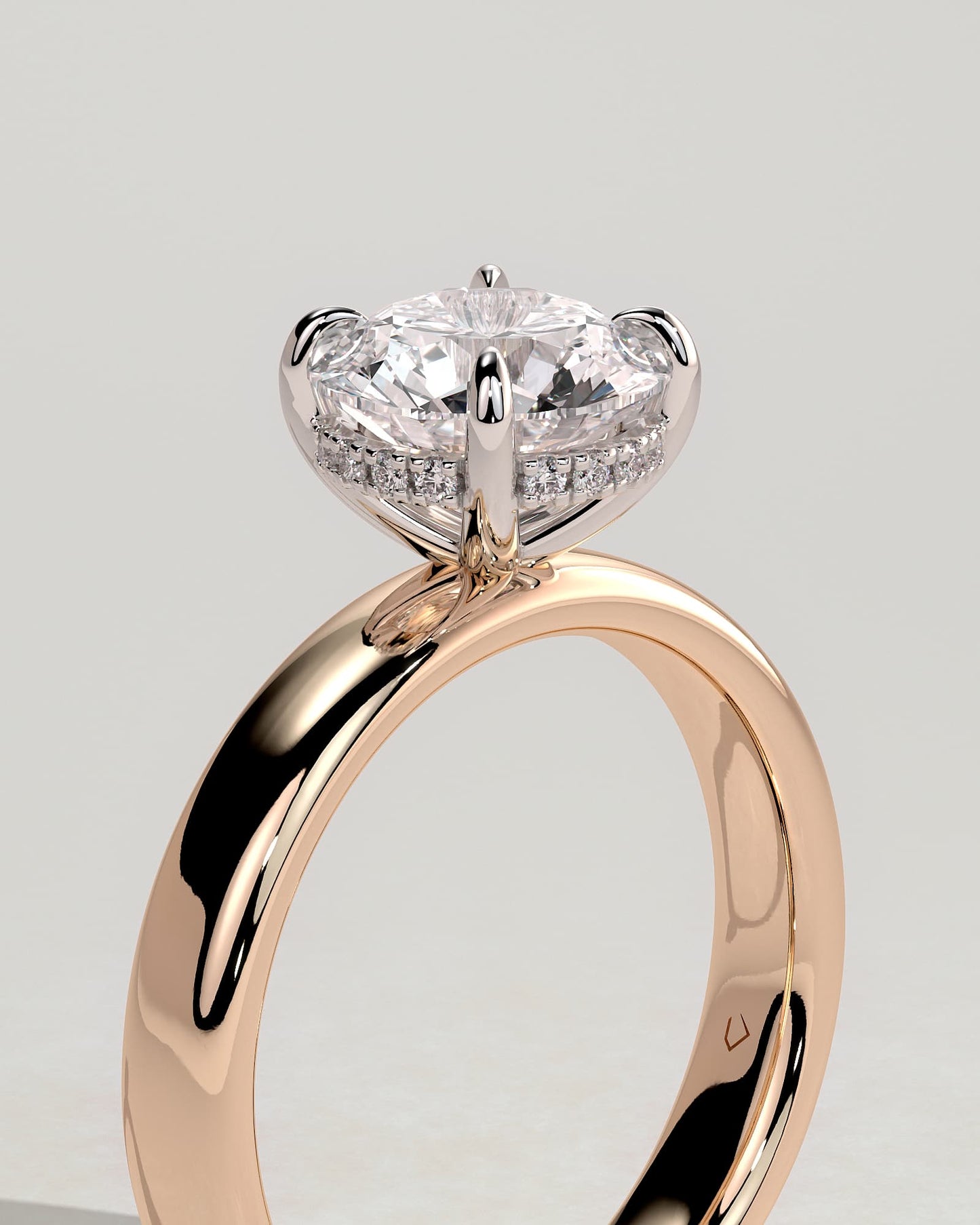 Kylie - Statement Round Claw Solitaire with Cigar Band and Hidden Halo Engagement Ring - Rose Two-Tone