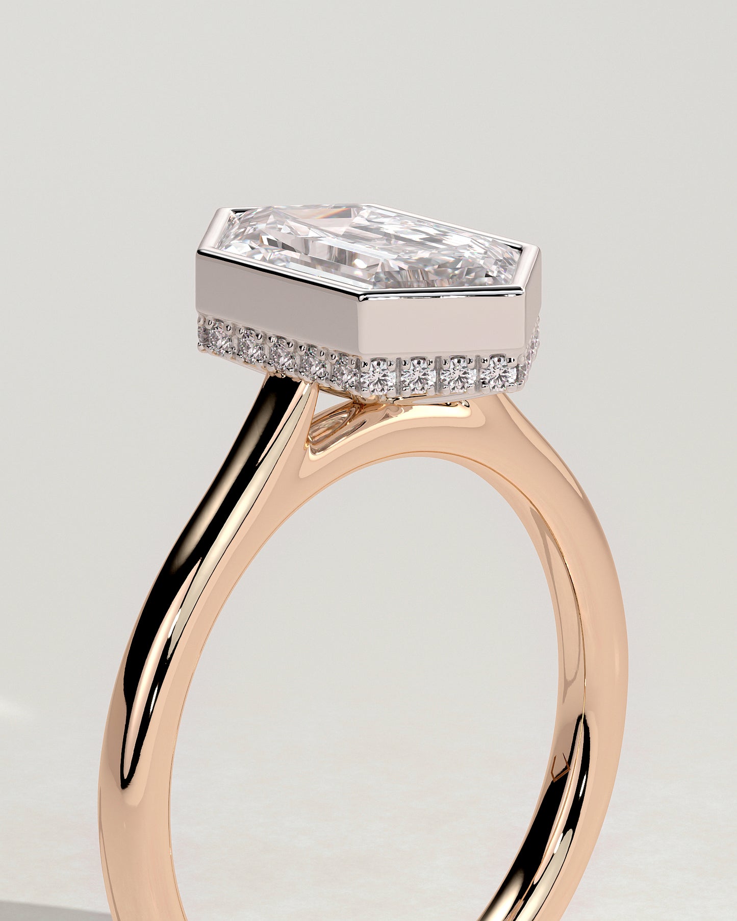 Gloria - Elongated Hexagon Bezel Solitaire with Hidden Halo and Cathedral High Setting Engagement Ring - Rose Two-Tone - Rose Two-Tone 2ct