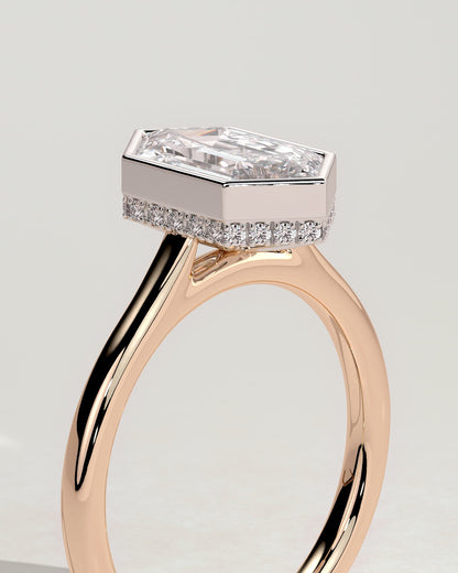 Gloria - Elongated Hexagon Bezel Solitaire with Hidden Halo and Cathedral High Setting Engagement Ring - Rose Two-Tone