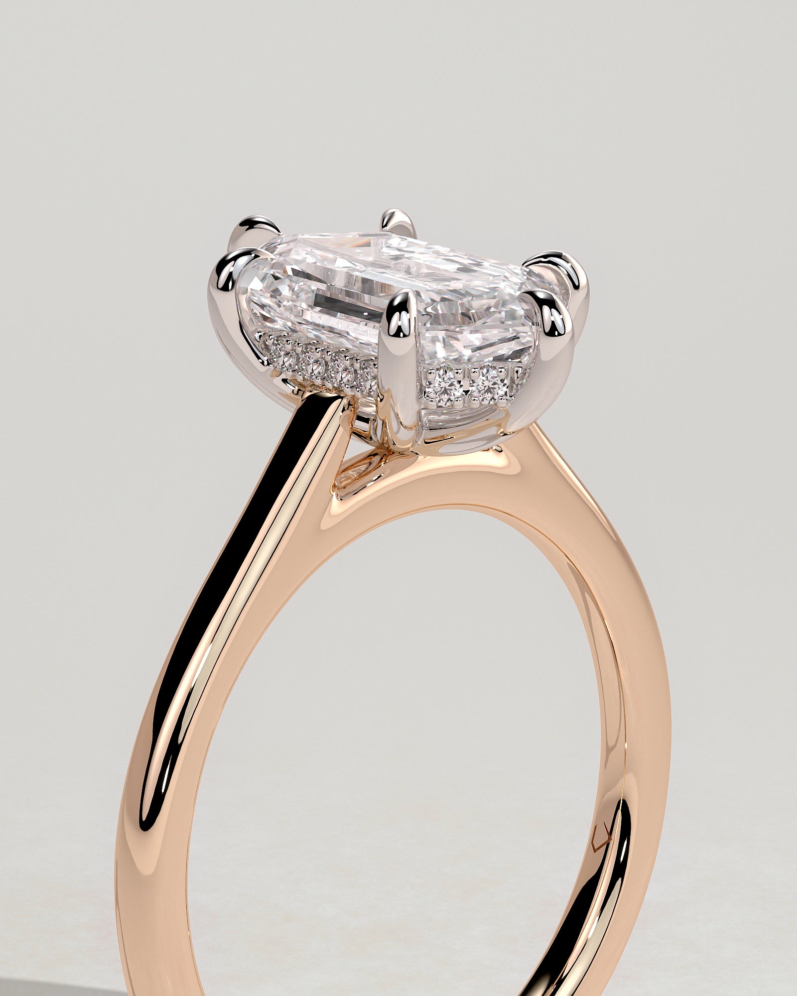 Anastasia - Elongated Hexagon Claw Solitaire with Hidden Halo and Cathedral High Setting Engagement Ring - Rose Two-Tone - Rose Two-Tone 2ct
