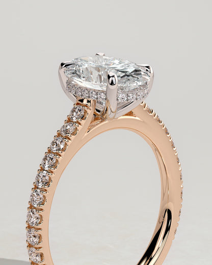 Julia - Oval Claw Solitaire with Hidden Halo, Pave Band and Cathedral High Setting Engagement Ring - Rose Two-Tone