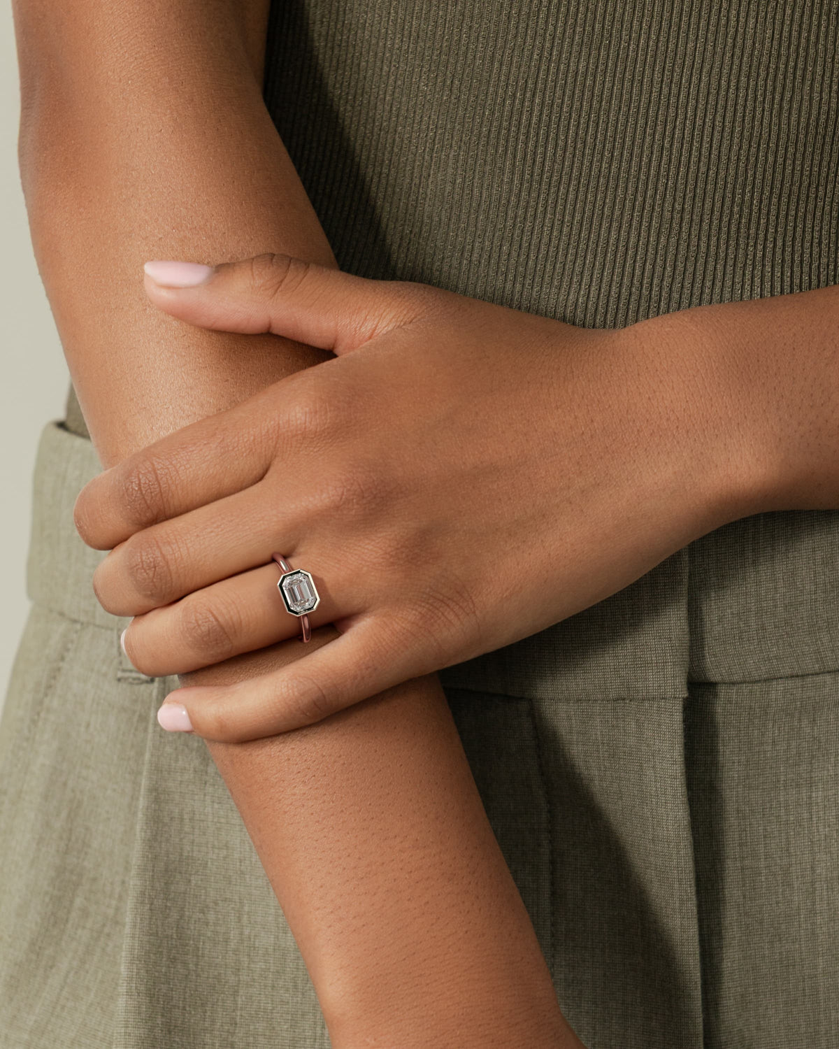 Olive - Statement Emerald East West Bezel Solitaire with Open Cathedral High Setting Engagement Ring - Rose Gold