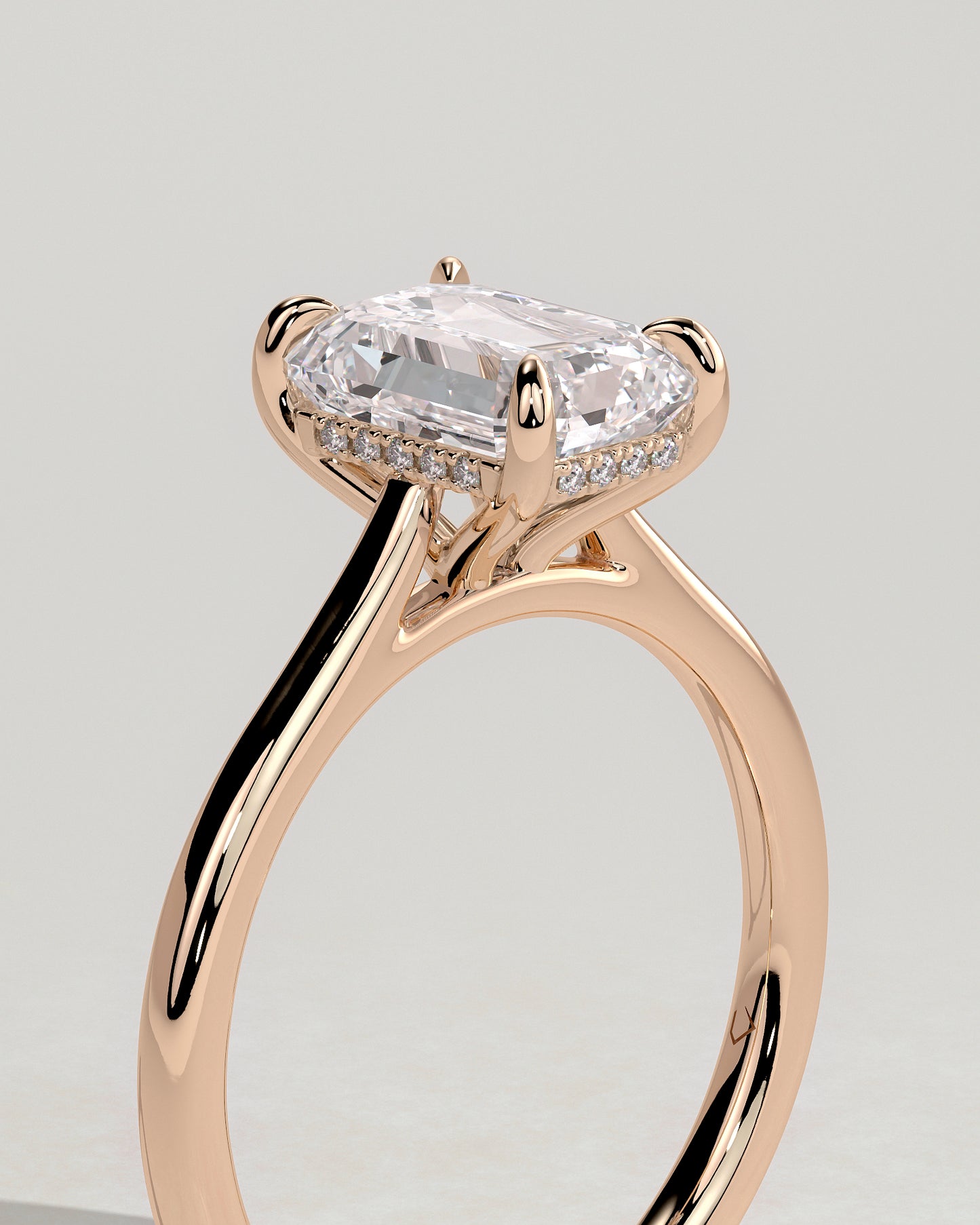 Angela - Radiant Claw Solitaire with Hidden Halo, Tapered Band and Cathedral High Setting Engagement Ring - Rose Gold - Rose Gold 2ct