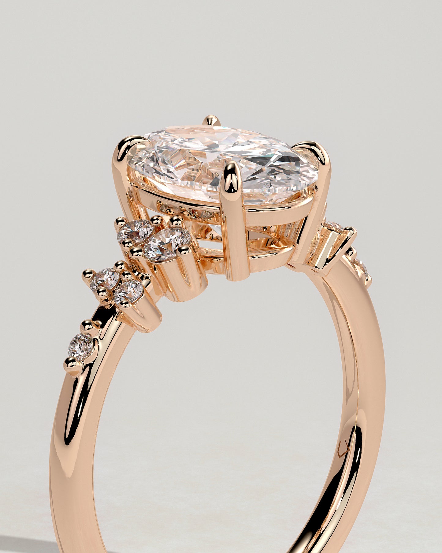 Bella - Oval Claw Solitaire with Clustered Round Shoulder Stones Engagement Ring - Rose Gold - Rose Gold 2ct