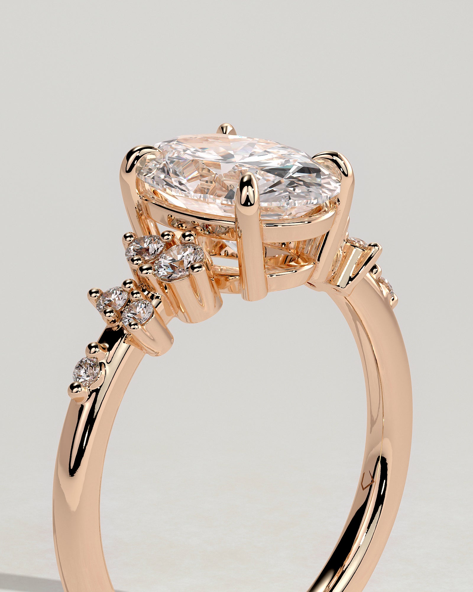 Bella - Oval Claw Solitaire with Clustered Round Shoulder Stones Engagement Ring - Rose Gold - Rose Gold 2ct