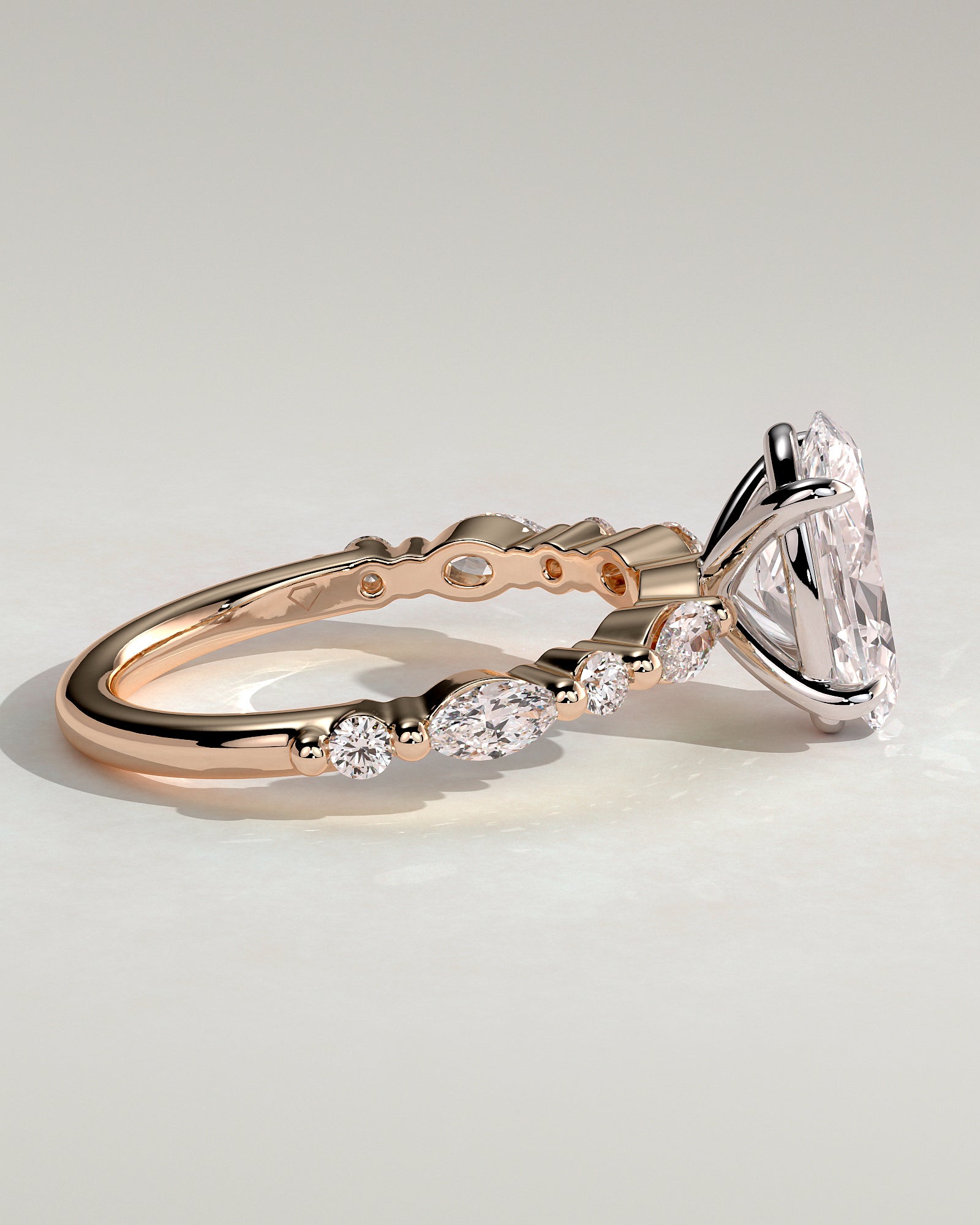Alyssa - Oval Claw Solitaire with Marquise and Round Accent Stones Engagement Ring - Rose Two-Tone - Rose Two-Tone 2ct