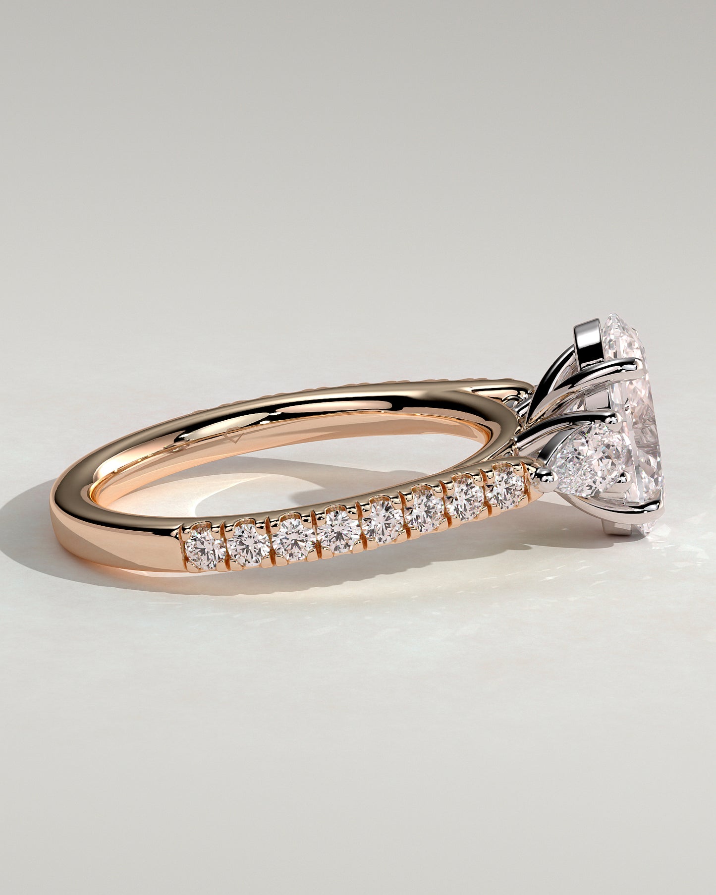 Arabella - Oval Claw Trilogy with Pear Side Stones and Pave Band Engagement Ring - Rose Two-Tone - Rose Two-Tone 2ct