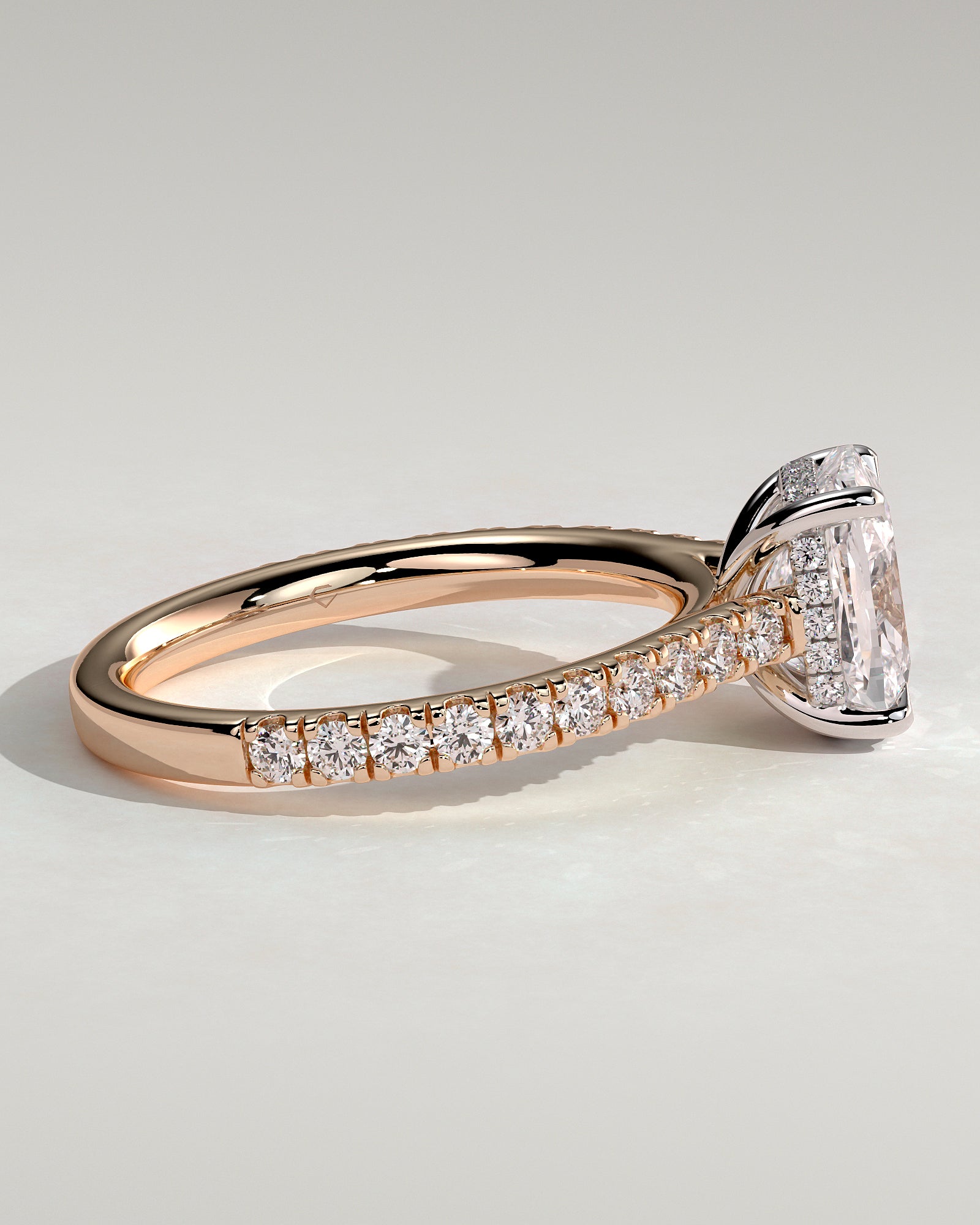 Annika - Elongated Cushion Claw Solitaire with Hidden Halo, Pave Band and Cathedral High Setting Engagement Ring - Rose Two-Tone - Rose Two-Tone 2ct