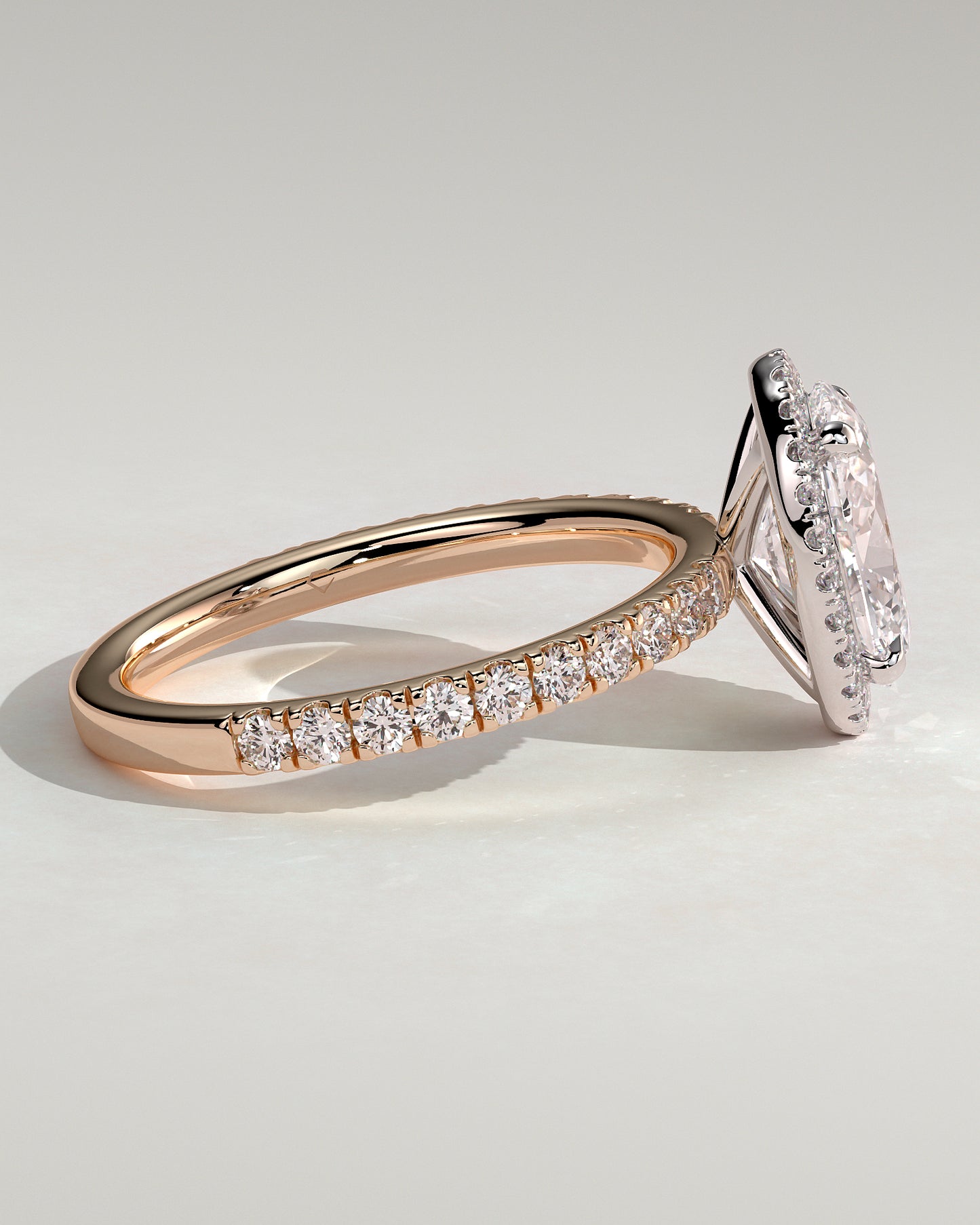Aurora - Oval Claw Solitaire with Halo and Pave Band Engagement Ring - Rose Two-Tone - Rose Two-Tone 2ct