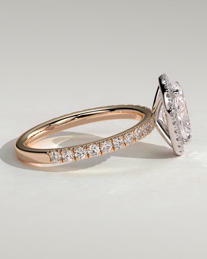Aurora - Oval Claw Solitaire with Halo and Pave Band Engagement Ring - Rose Two-Tone