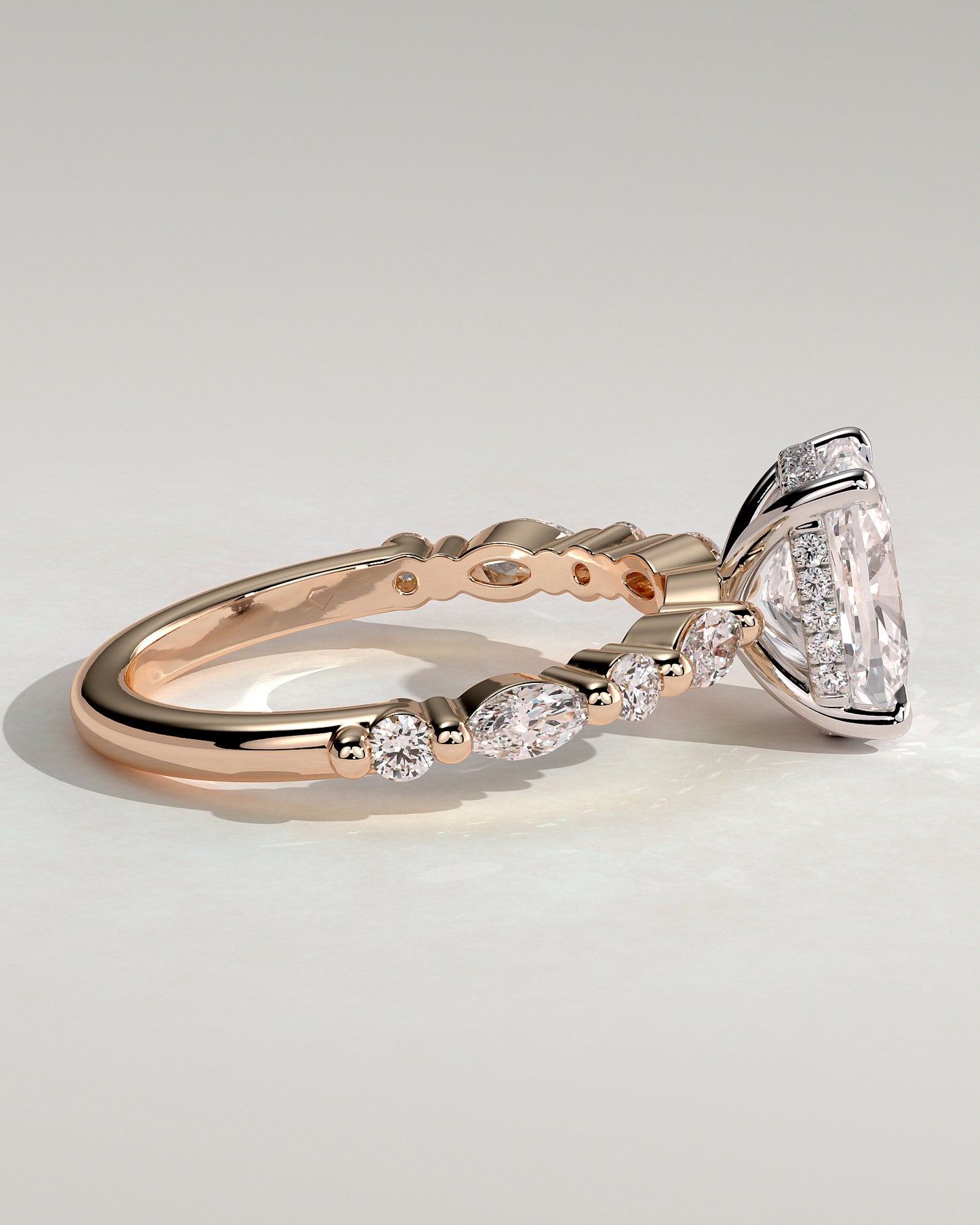 Cali - Elongated Cushion Claw Solitaire with Marquise-Round Accent Stones and Hidden Halo Engagement Ring - Rose Two-Tone - Rose Two-Tone 2ct