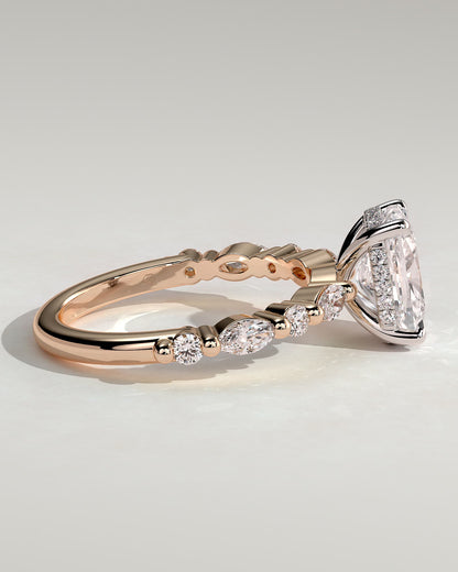 Cali - Elongated Cushion Claw Solitaire with Marquise-Round Accent Stones and Hidden Halo Engagement Ring - Rose Two-Tone