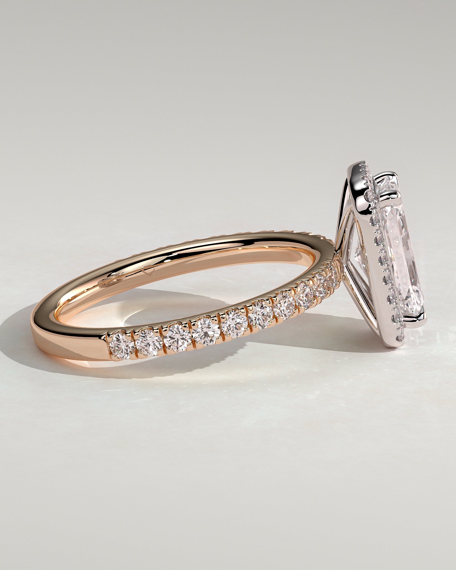 Catherine - Radiant Claw Solitaire with Halo and Pave Band Engagement Ring - Rose Two-Tone - Rose Two-Tone 2ct