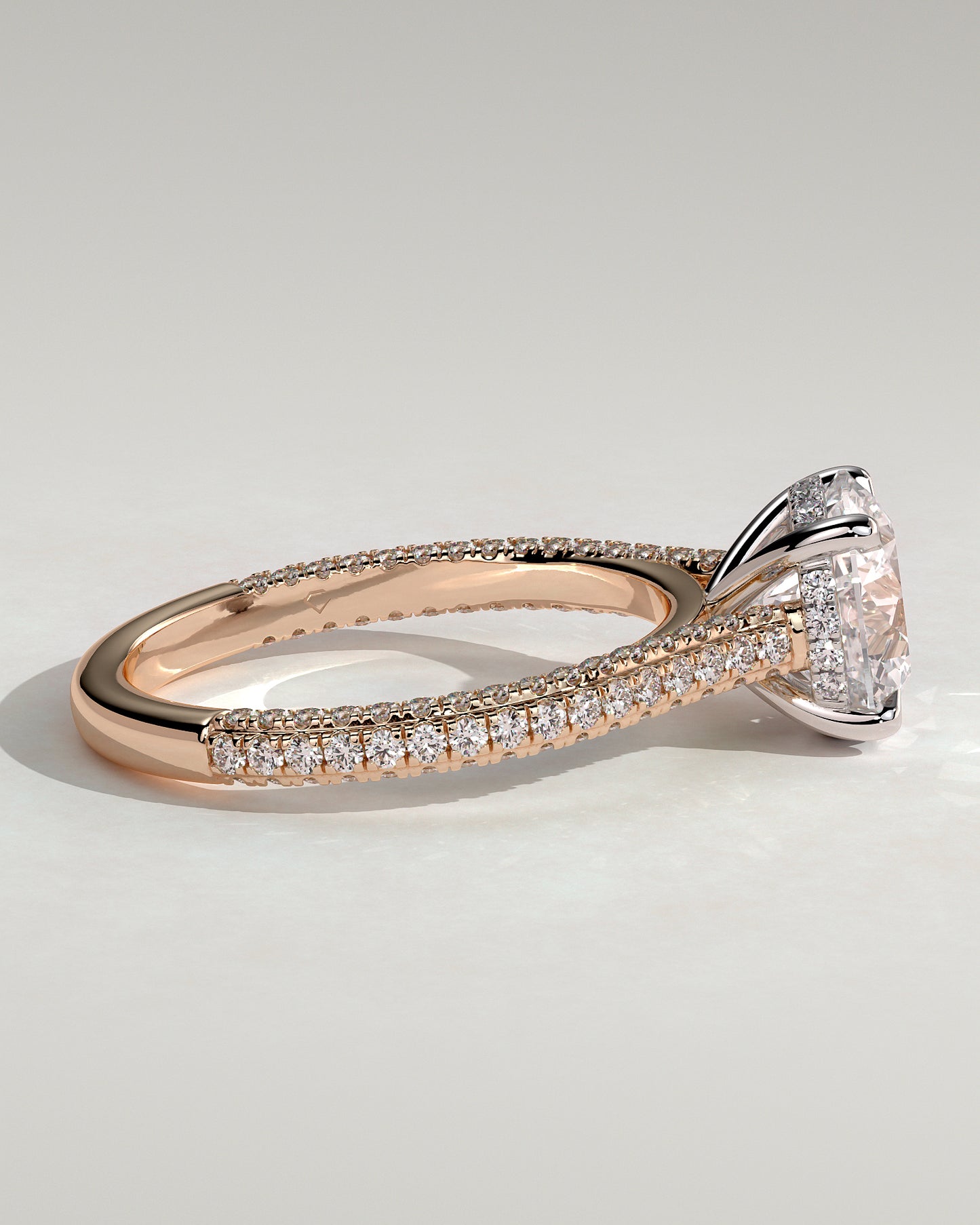 Chelsea - Round Claw Solitaire with Hidden Halo, Triple Pave Band and Cathedral High Setting Engagement Ring - Rose Two-Tone - Rose Two-Tone 2ct