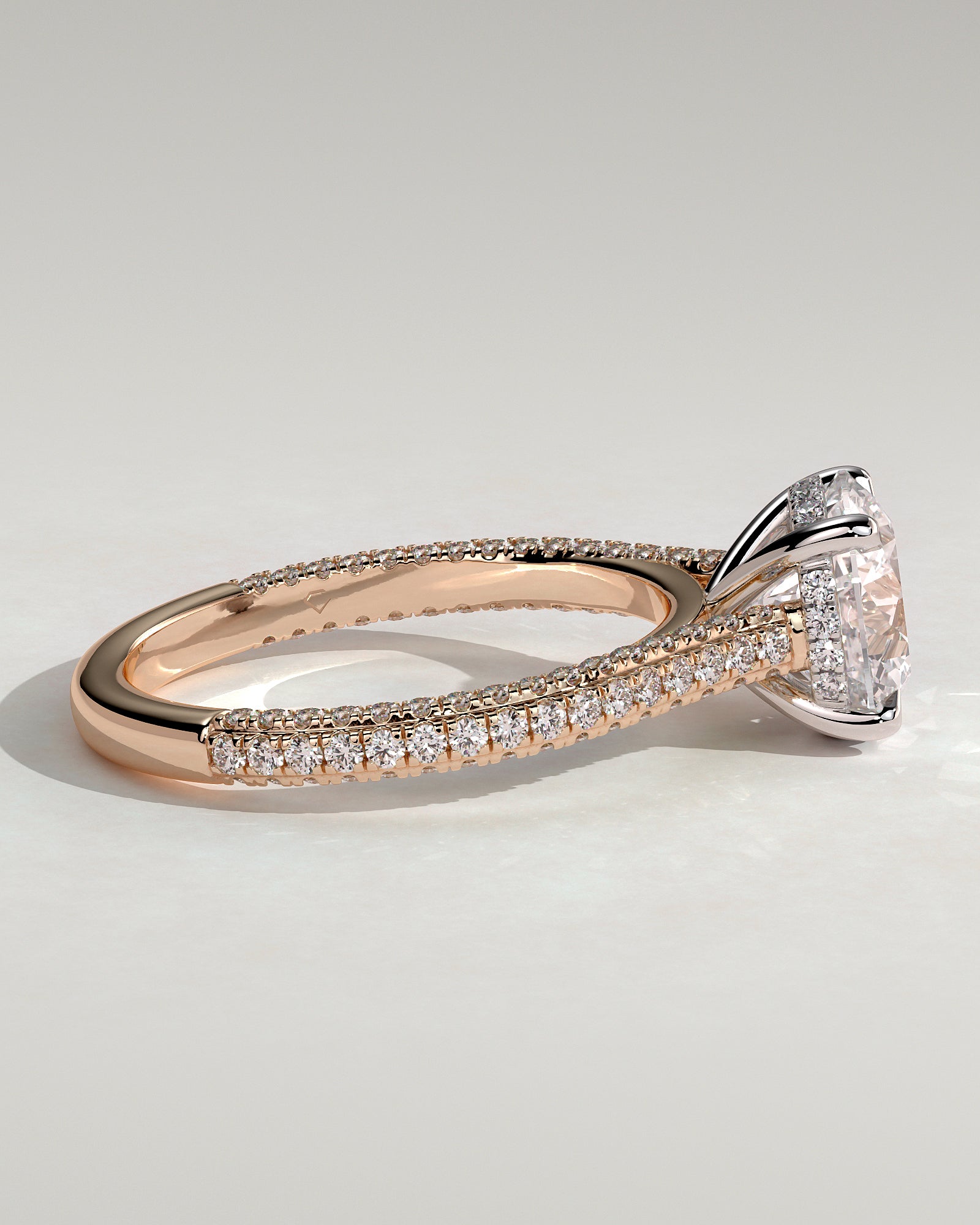 Chelsea - Round Claw Solitaire with Hidden Halo, Triple Pave Band and Cathedral High Setting Engagement Ring - Rose Two-Tone - Rose Two-Tone 2ct