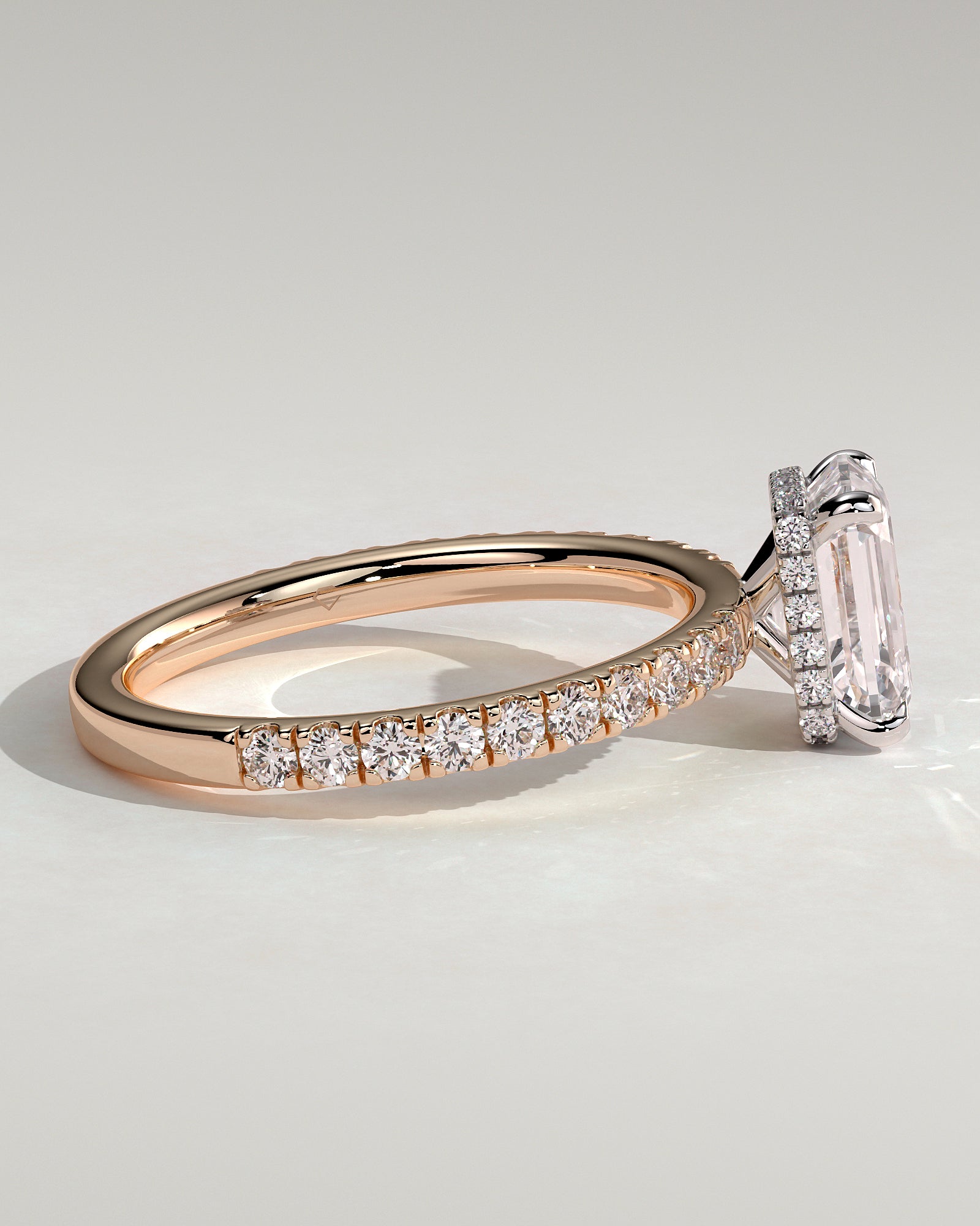 Eliana - Emerald Claw Solitaire with Wrap Around Hidden Halo and Pave Band Engagement Ring - Rose Two-Tone - Rose Two-Tone 2ct