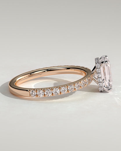 Eliana - Emerald Claw Solitaire with Wrap Around Hidden Halo and Pave Band Engagement Ring - Rose Two-Tone