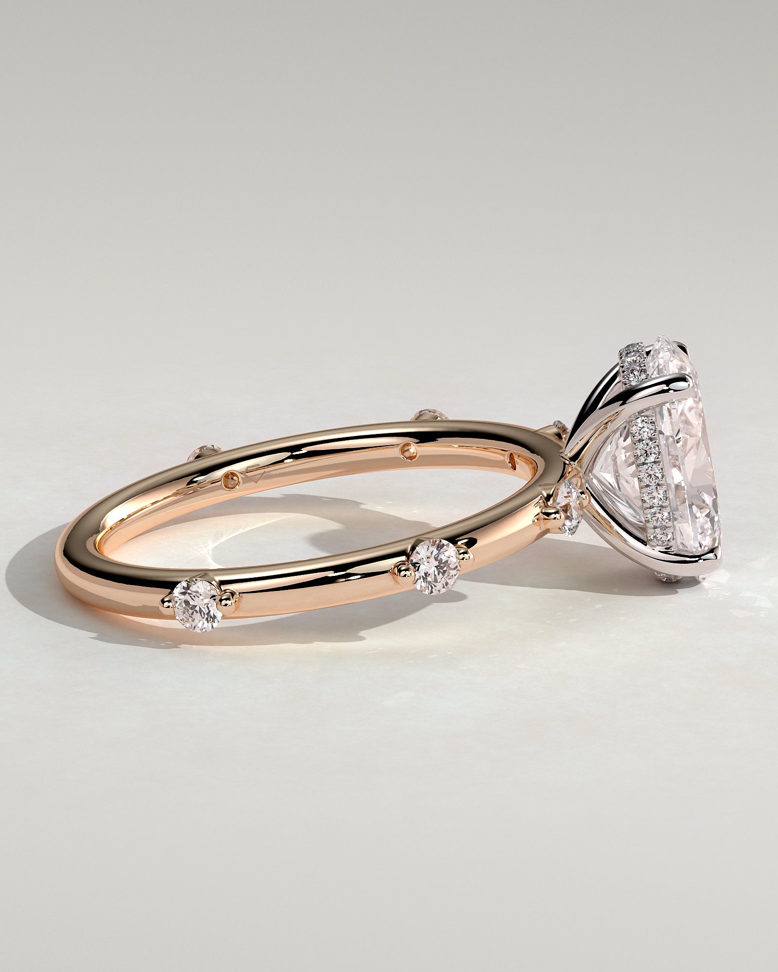 Elise - Oval Claw Solitaire with 6 Spaced Round Accent Stones and Hidden Halo Engagement Ring - Rose Two-Tone - Rose Two-Tone 2ct