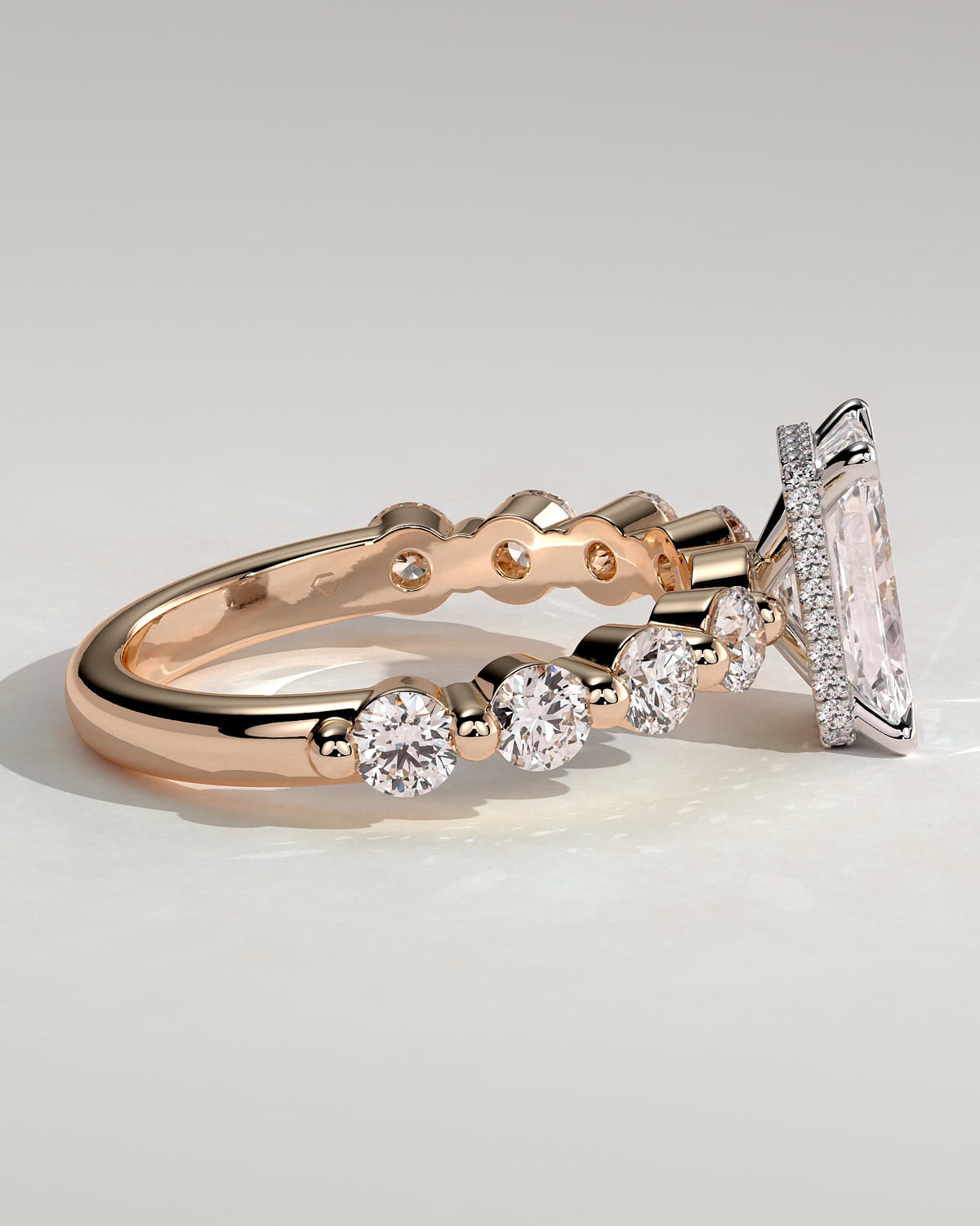 Josephine - Radiant Claw Solitaire with Round Accent Stones and Wrap Around Hidden Halo Engagement Ring - Rose Two-Tone