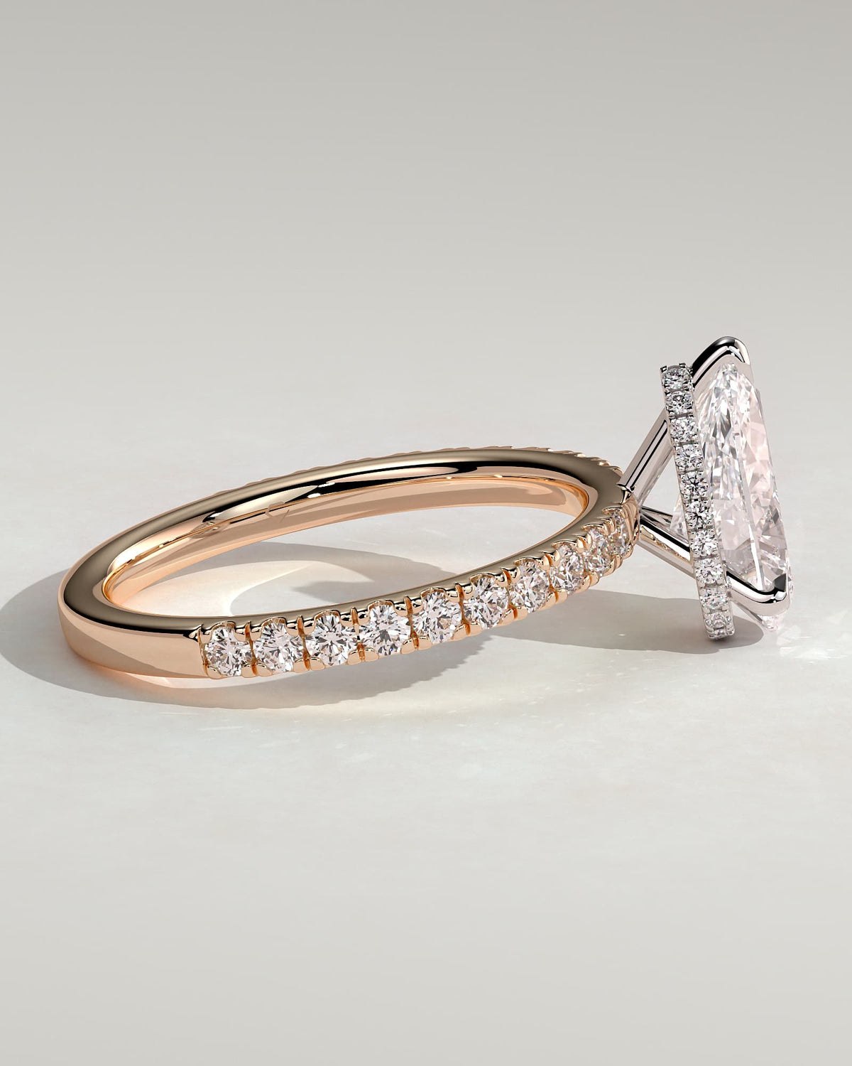 Keira - Pear Claw Solitaire with Wrap Around Hidden Halo and Pave Band Engagement Ring - Rose Two-Tone
