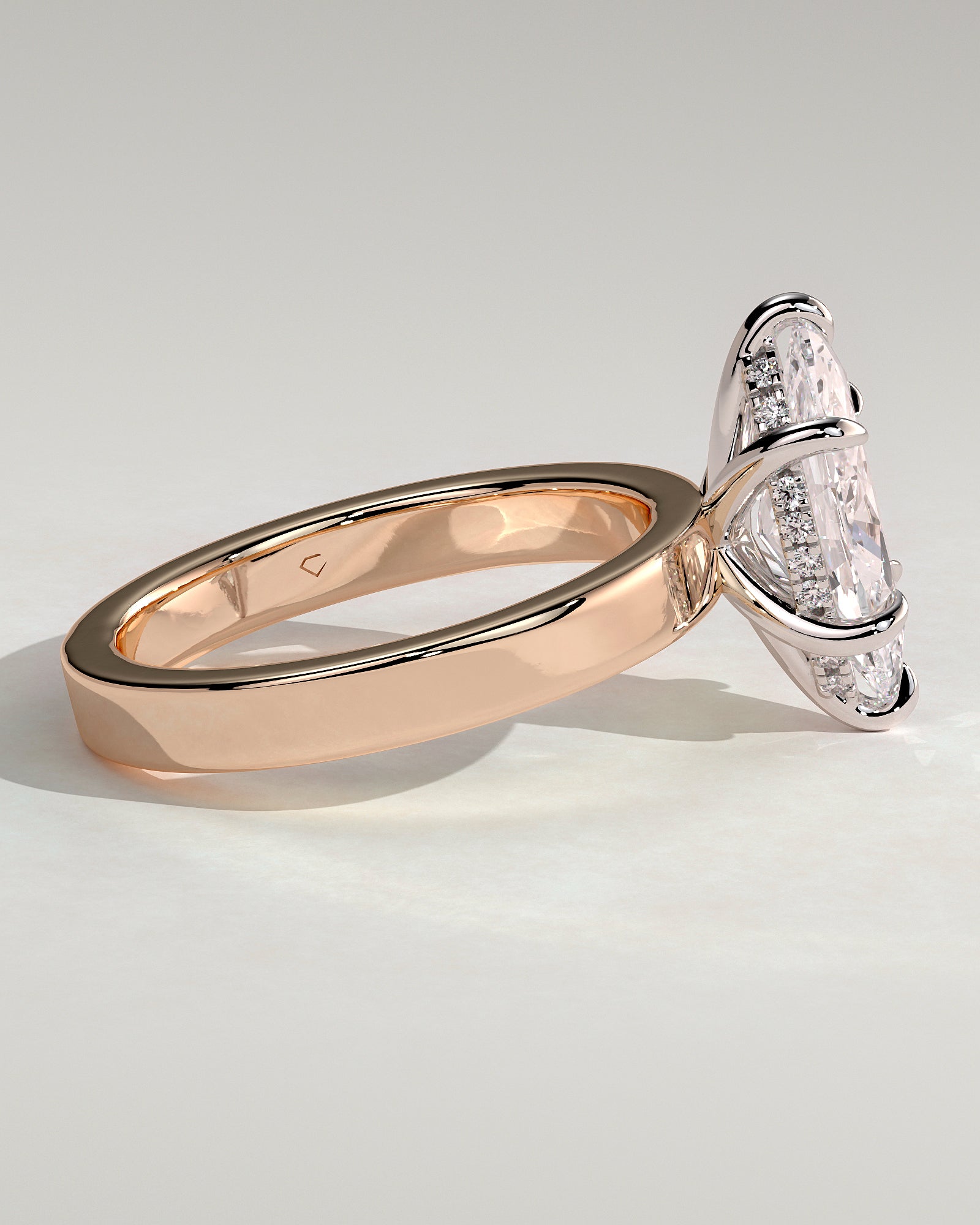 Aisha - Marquise Claw Solitaire with Flat Cigar Band and Hidden Halo Engagement Ring - Rose Two-Tone - Rose Two-Tone 2ct