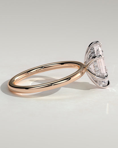 Delta - Elongated Hexagon Claw Solitaire with Hidden Halo Engagement Ring - Rose Two-Tone