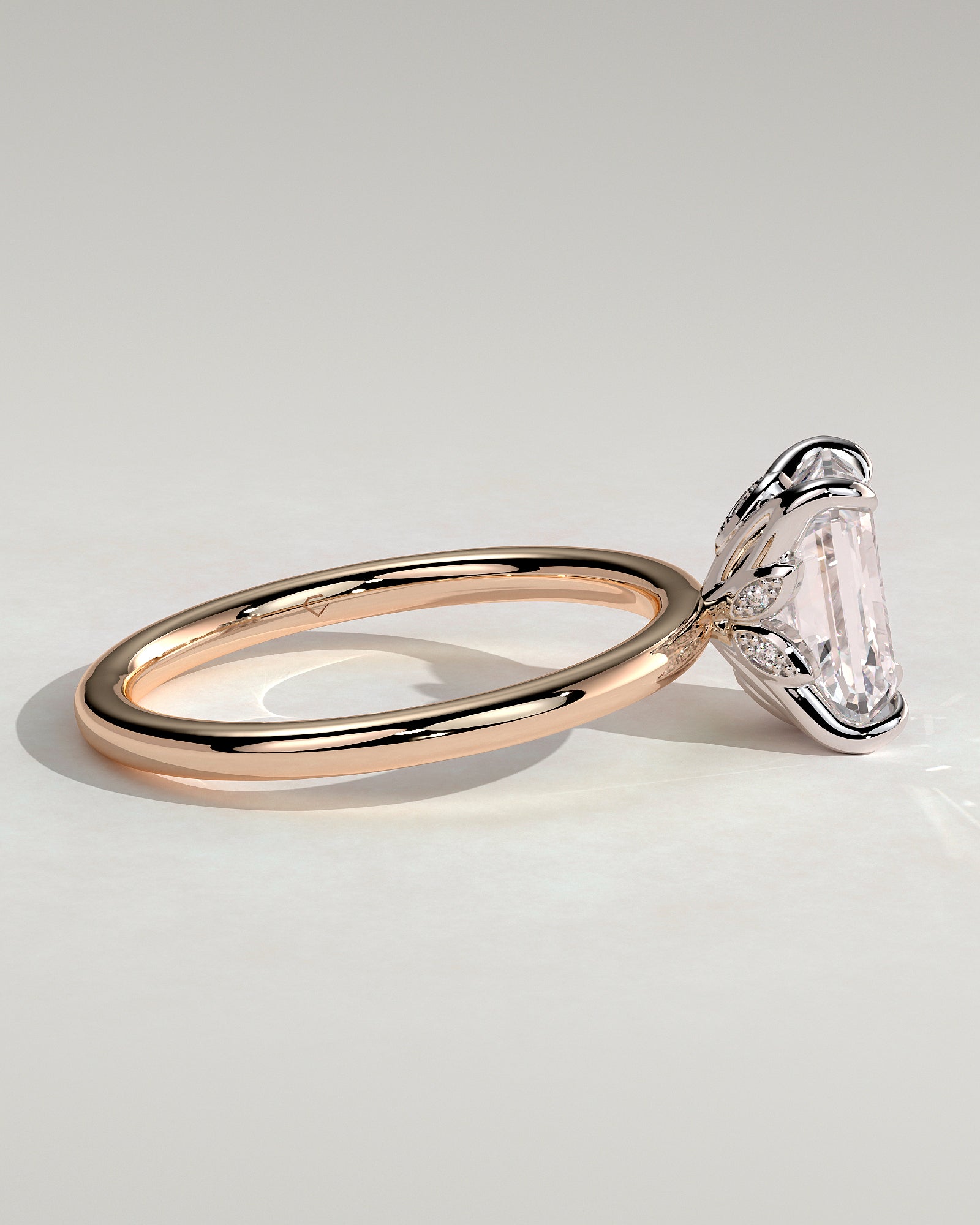 Dove - Emerald Claw Solitaire with Petal Gallery and Accent Leaf Detail Engagement Ring - Rose Two-Tone - Rose Two-Tone 2ct